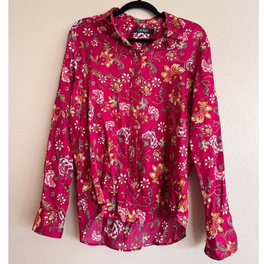 Lauren Ralph Lauren Magenta Floral Paisley 100% Cotton Button Down Shirt L